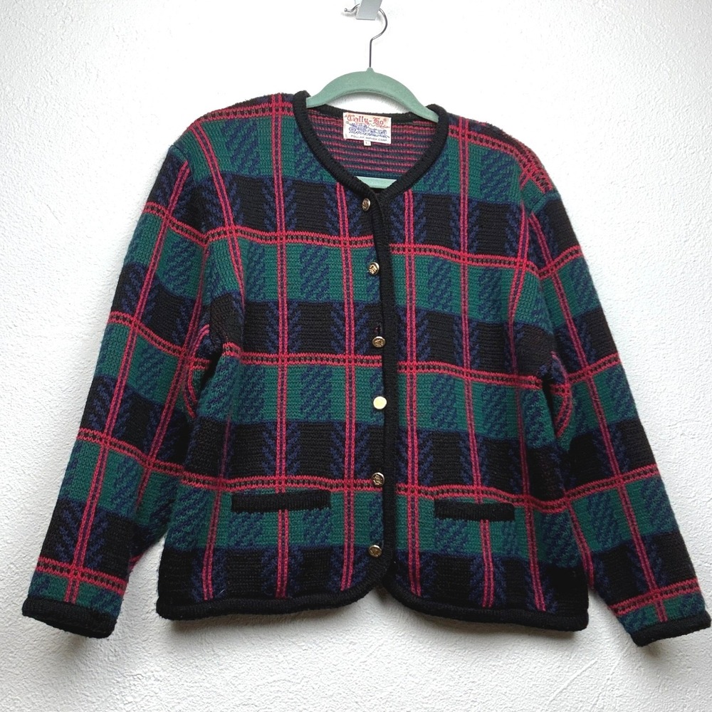 Tally-Ho Multicolor Plaid Cardigan - L - Vintage Gold Button Knit Sweater Preppy